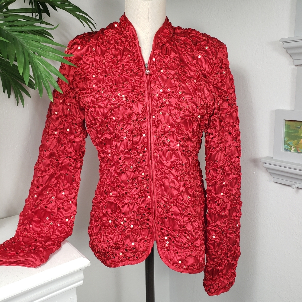 MSK Red Satin Crinkle w/ Sequins - Puckered Fabric & Zips Holiday Glamour M